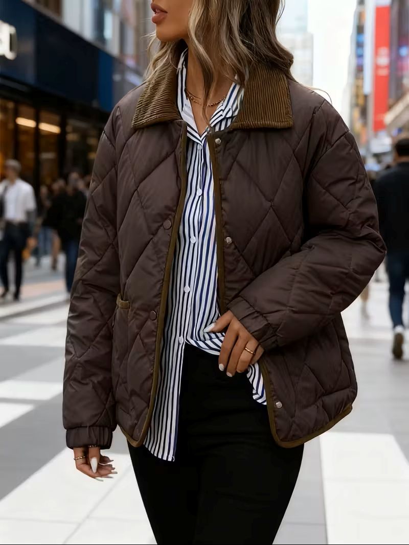 Women’s quilted winter jacket in brown - front view thermal lining and corduroy collar