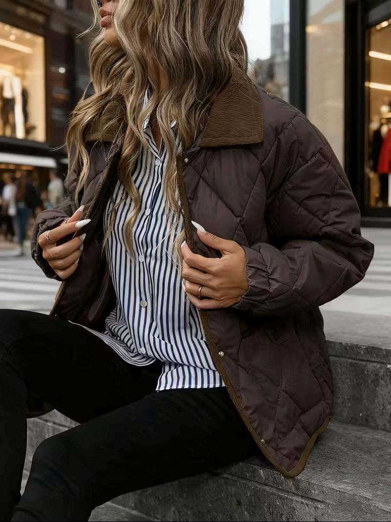 Women’s quilted winter jacket in brown – side view, refined corduroy collar