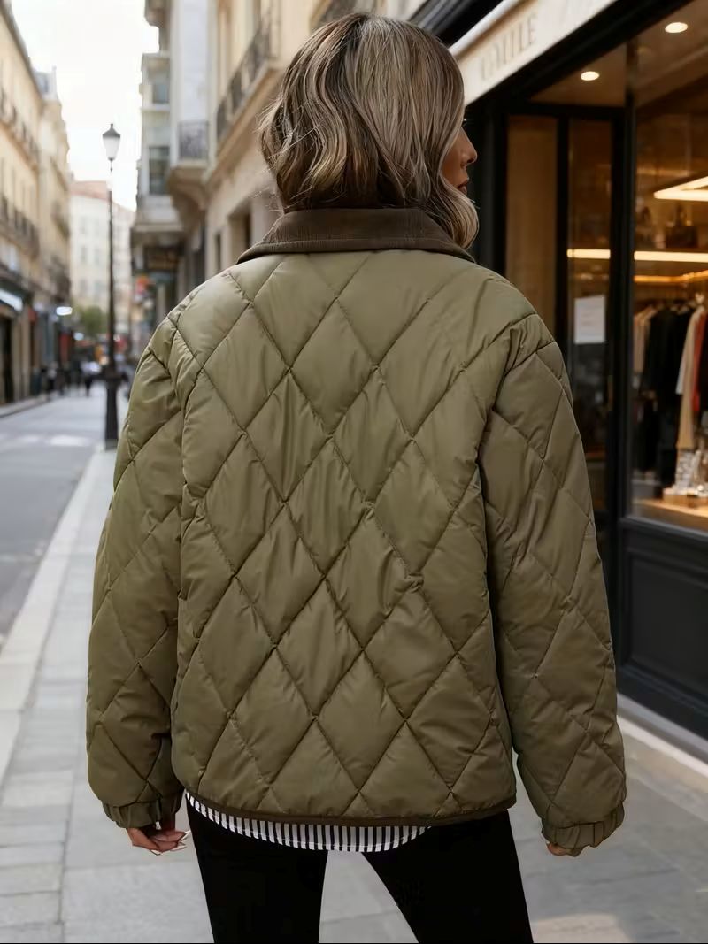 Women’s quilted winter jacket in green – back view, lightweight winter design