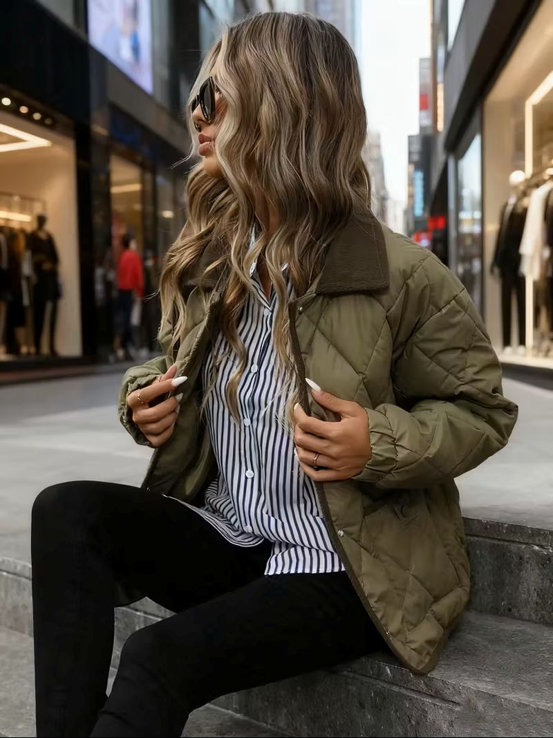 Women’s quilted winter jacket in green – side view, soft structured silhouette