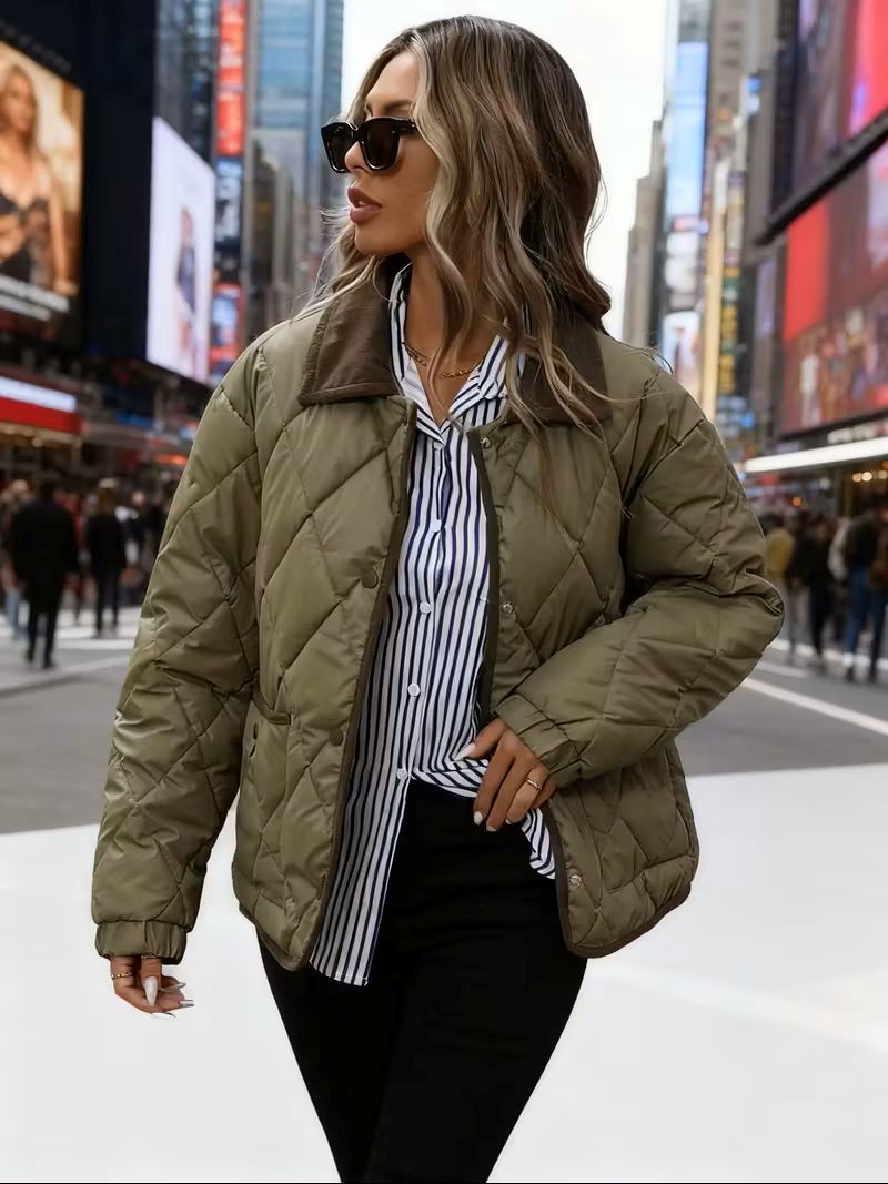 Women’s quilted winter jacket in green – front view, high-density quilted shell