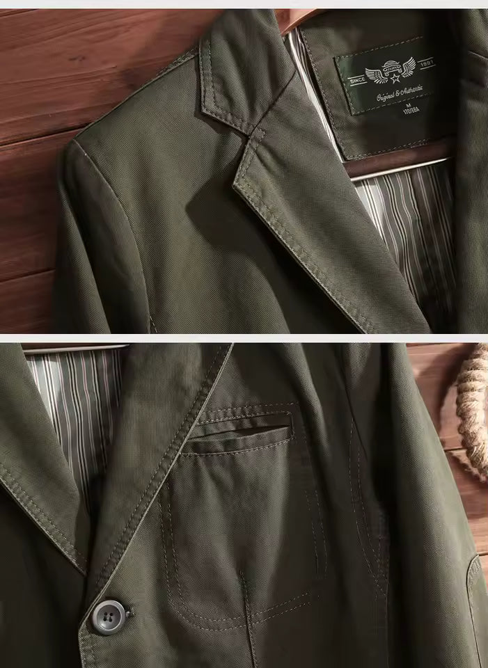 Green jacket with a brand label on a wooden surface