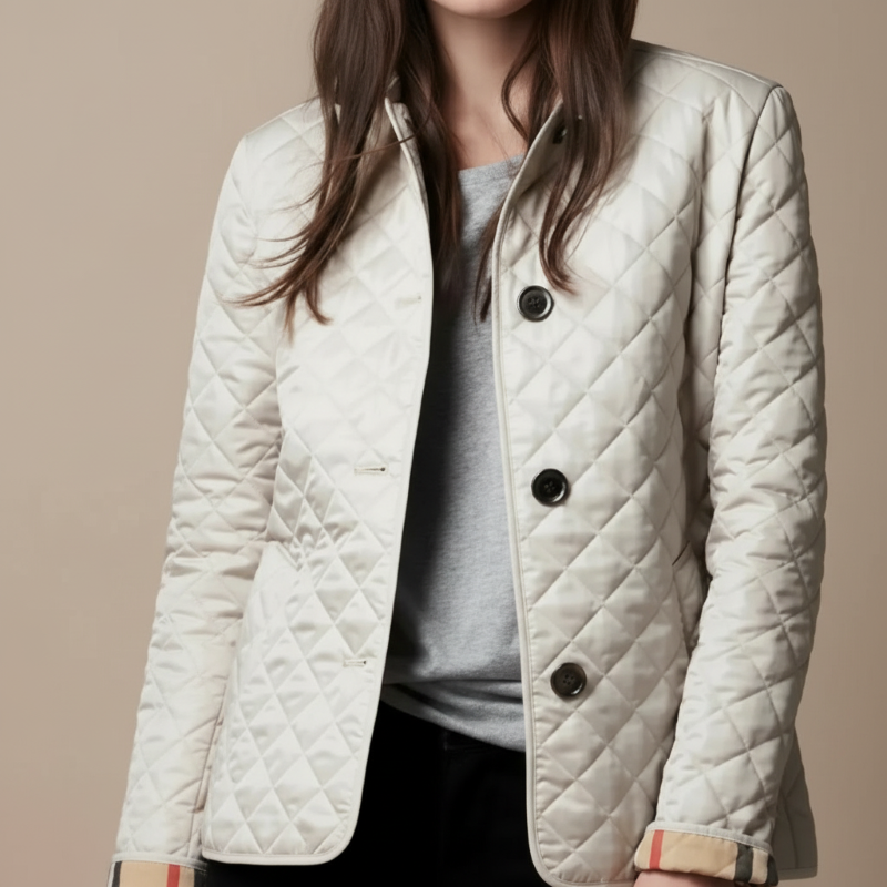 Quilted jacket worn by a person on a beige background